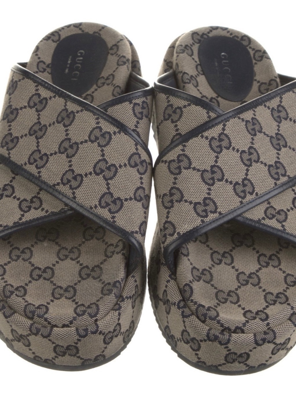 Gucci Brown Monogram Crisscross Platform Mules